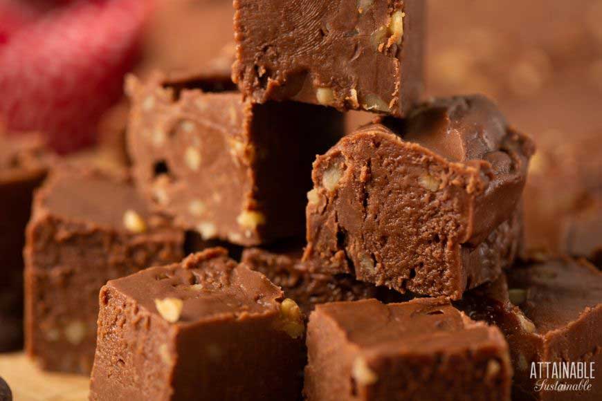stack of fudge with nuts
