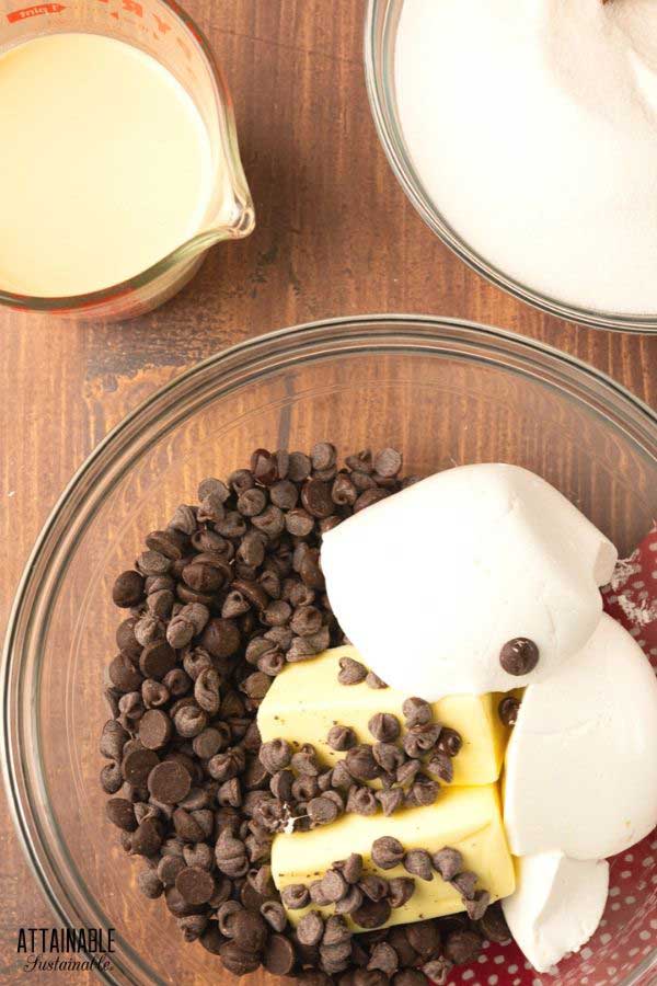 chocolate chips, butter, and marshmallow fluff in a glass bowl