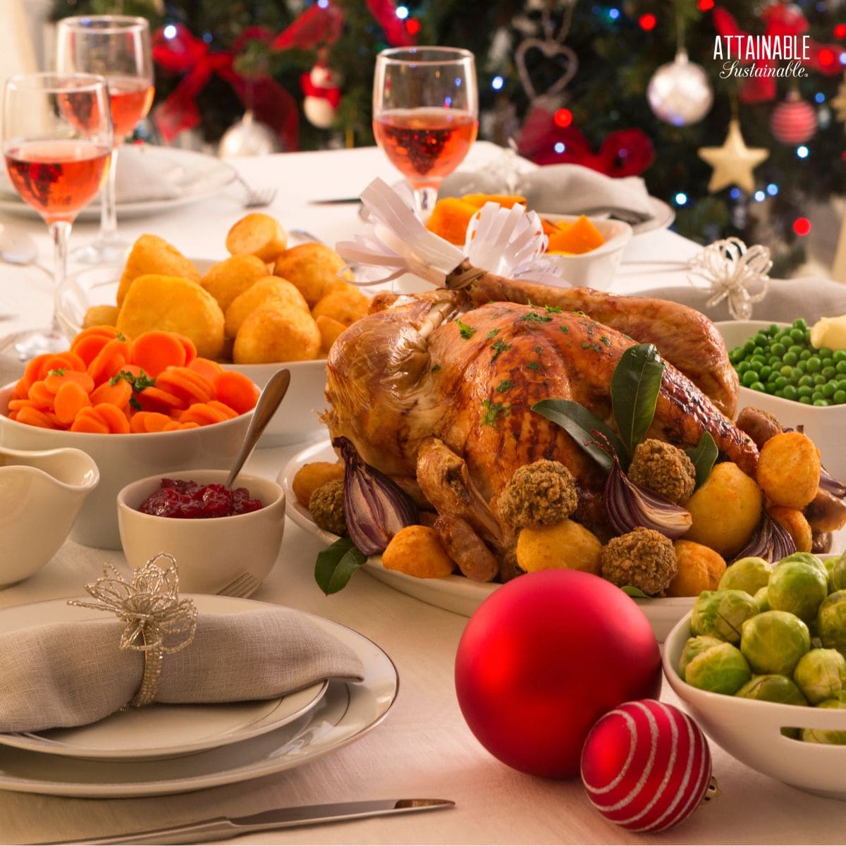 Holiday table set with pretty plates and a whole turkey waiting to be carved.