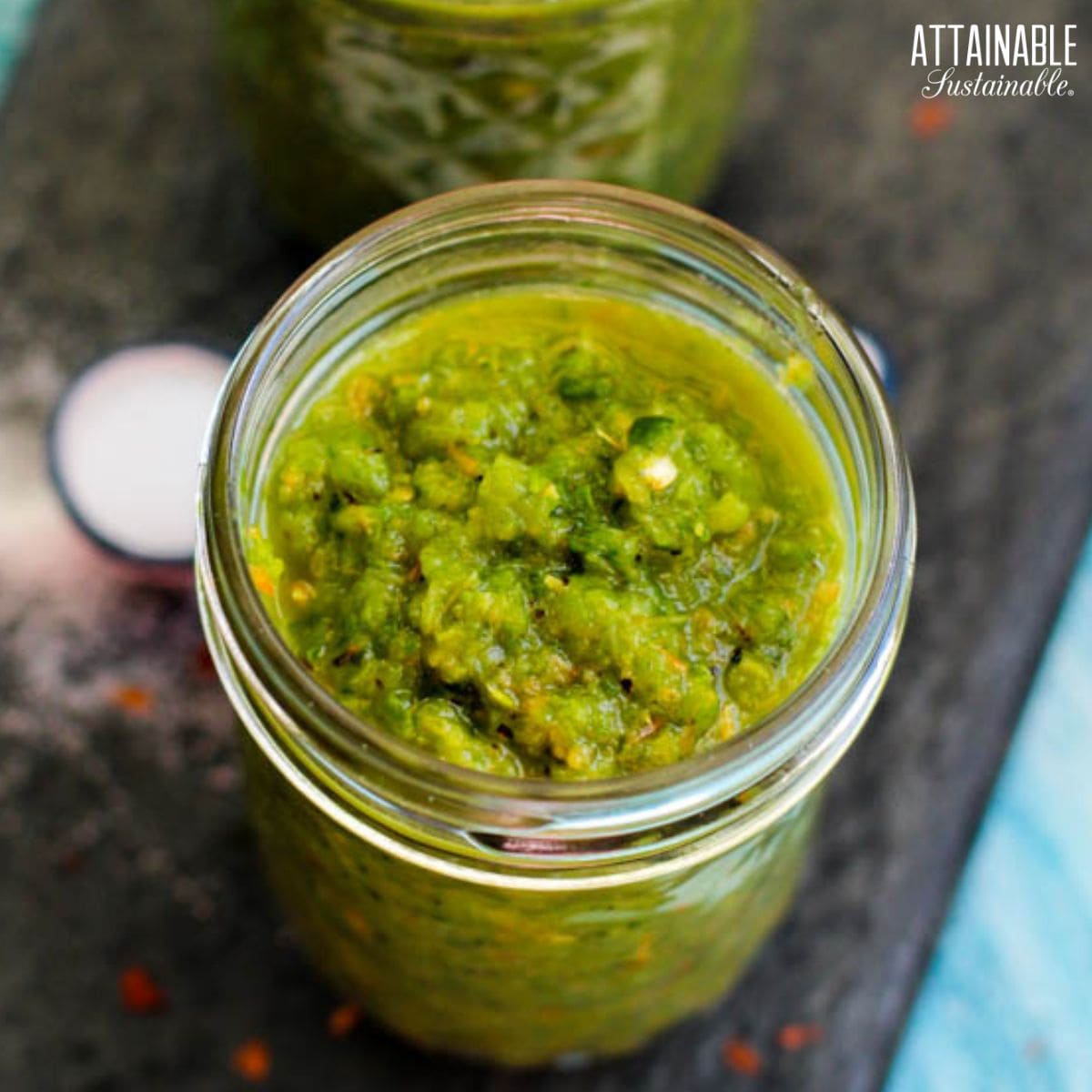 homemade hot sauce recipe in a jar, green, from above.