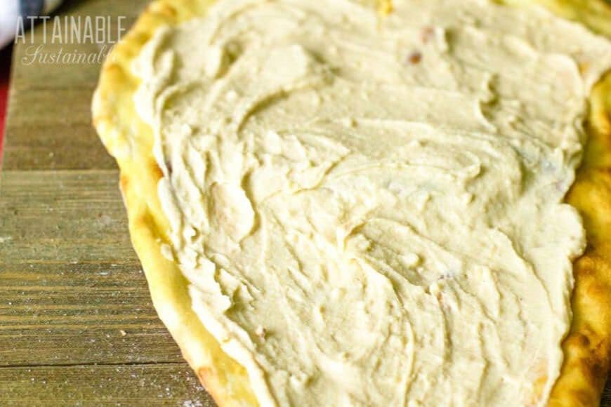 hummus spread on flatbread.