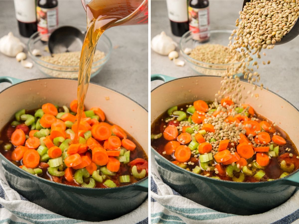 adding stock and lentils.