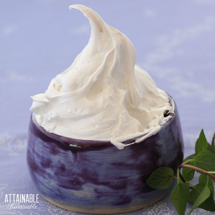 purple ceramic bowl with marshmallow fluff in a peak.