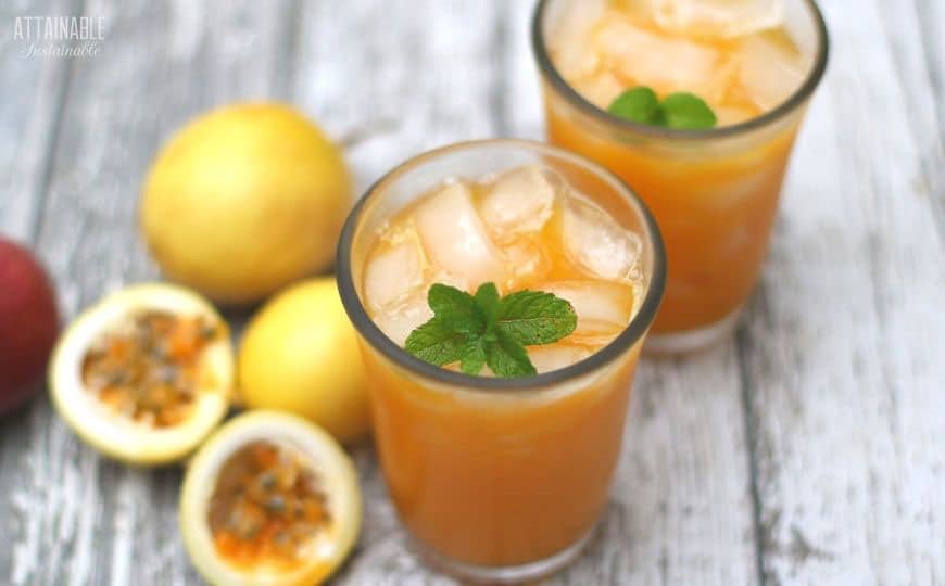 passion fruit juice in two glasses with mint