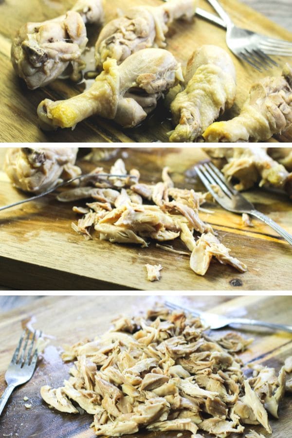 cooked chicken, showing the process of shredding.