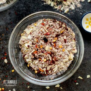 taco seasoning in a glass jar from above.