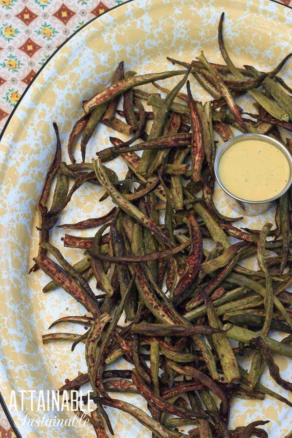 ROASTED OKRA on a yellow enamelware platter