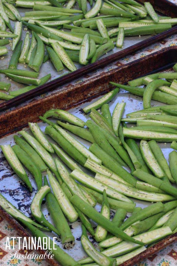 sliced okra on baking sheets