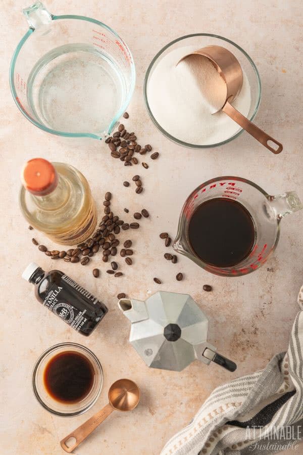 ingredients for coffee liqueur, shot from above