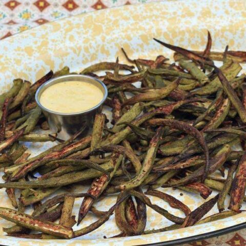 ROASTED OKRA on a yellow enamelware platter