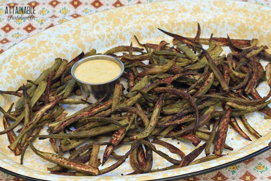 ROASTED OKRA on a yellow enamelware platter