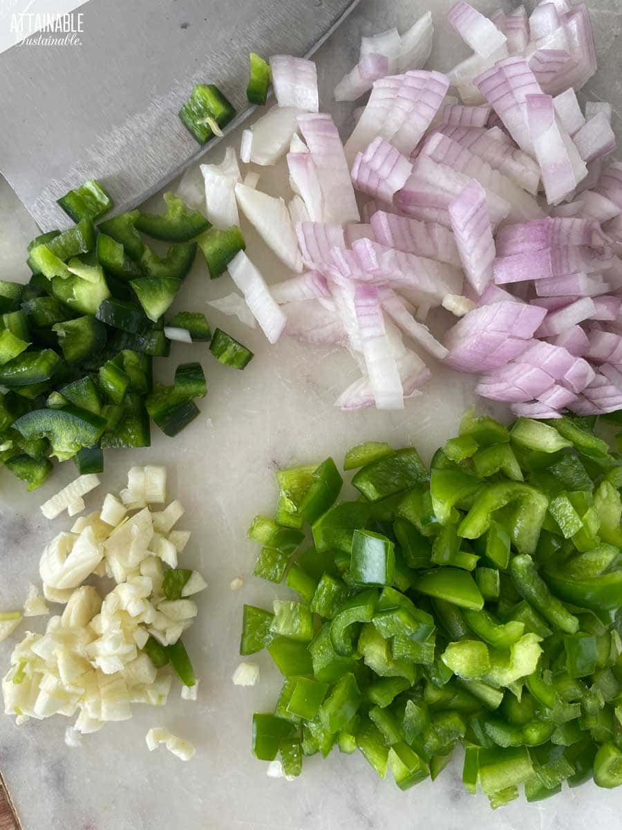 chopped peppers, onion, and garlic.
