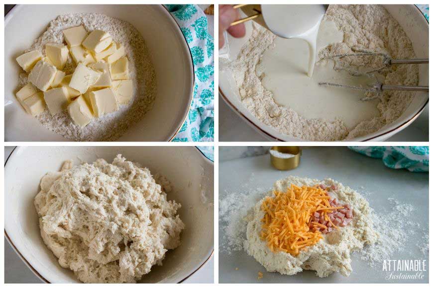 4 steps for making biscuits, shown in a white bowl