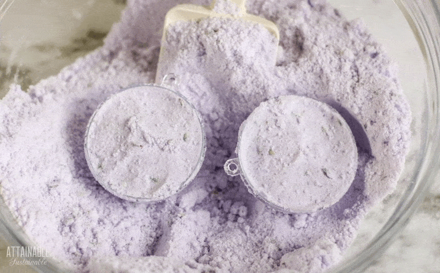 2 half rounds in a bowl of purple powder to form bath fizzies