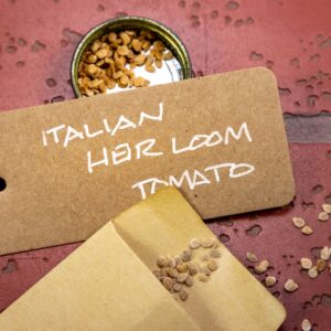 Brown envelope with tomato seeds, label saying "italian heirloom tomato.