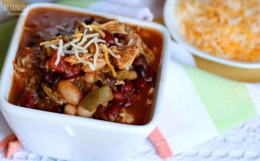 square white bowl with 3 bean chili