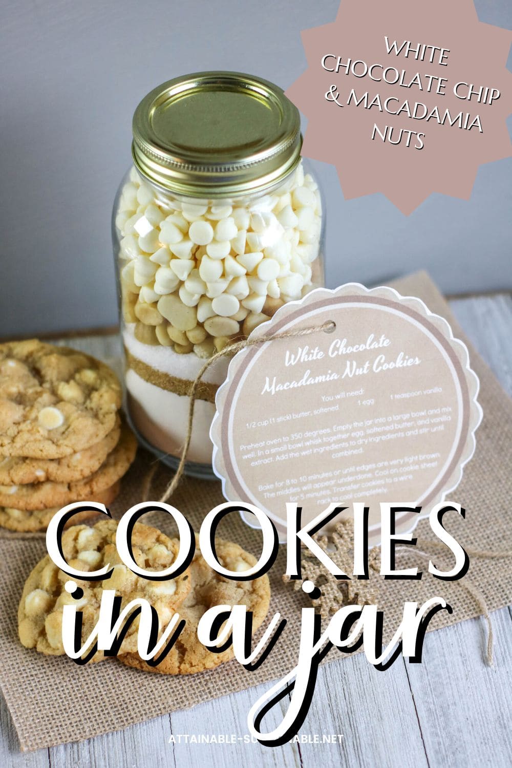 jar of ready to bake cookie mix with baked cookies.