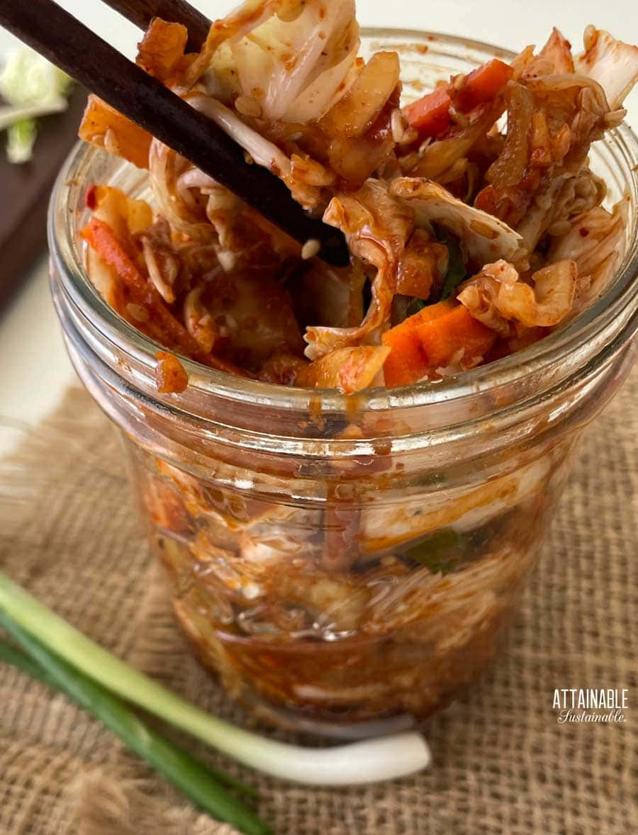 chopsticks lifting fermented kimchi out of a glass jar.