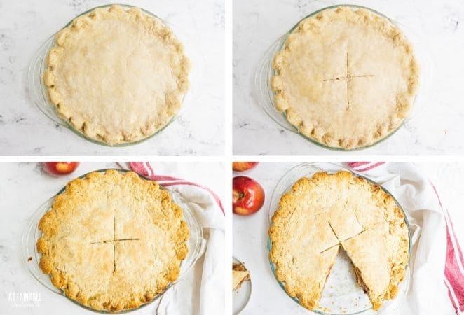 uncooked pie, pie with X, cooked pie, cooked pie with slice removed.