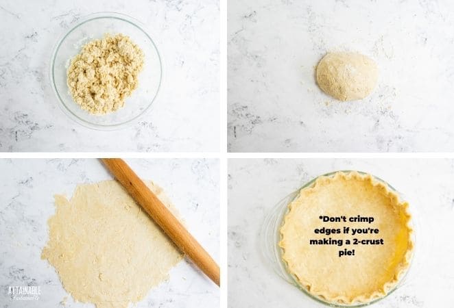 4 way collage showing pie dough in a bowl, in a ball, rolled, and in a pie pan