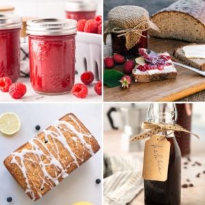 4 panel image showing gifts from the kitchen: homemade jams, loaf cake, kahlua.