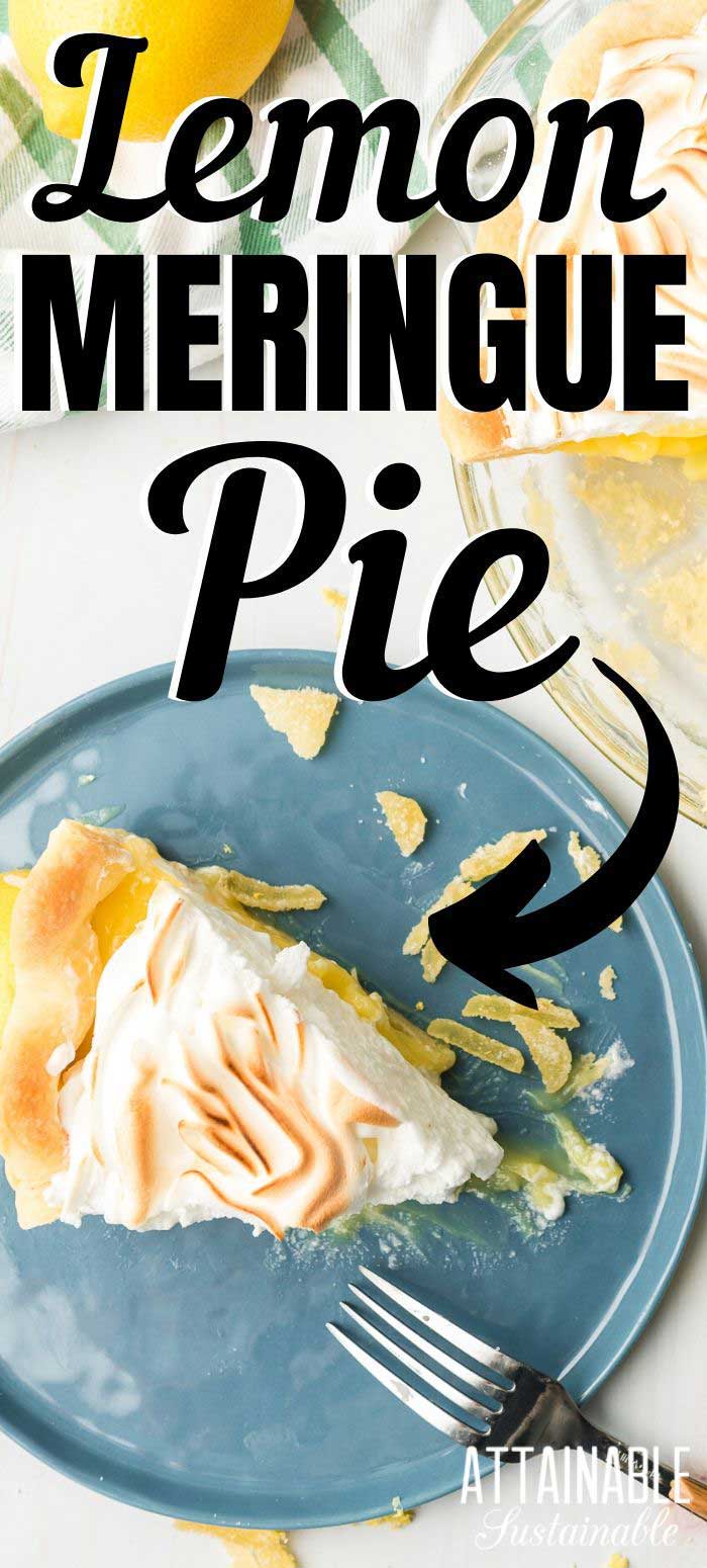 slice of lemon meringue pie on a blue plate