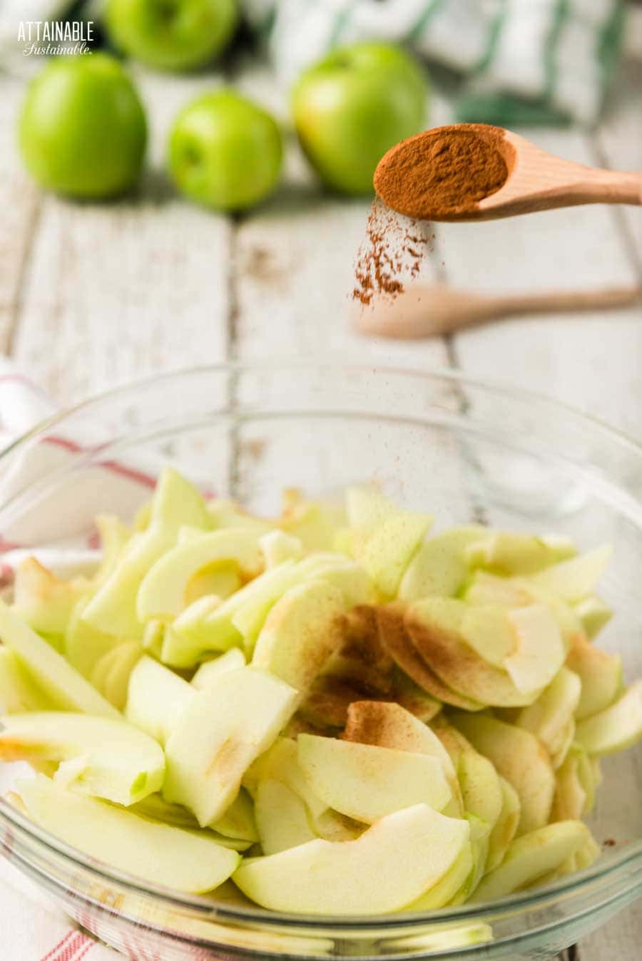 sliced apples in a glass bowl, spoon full of cinnamon being dropped in.