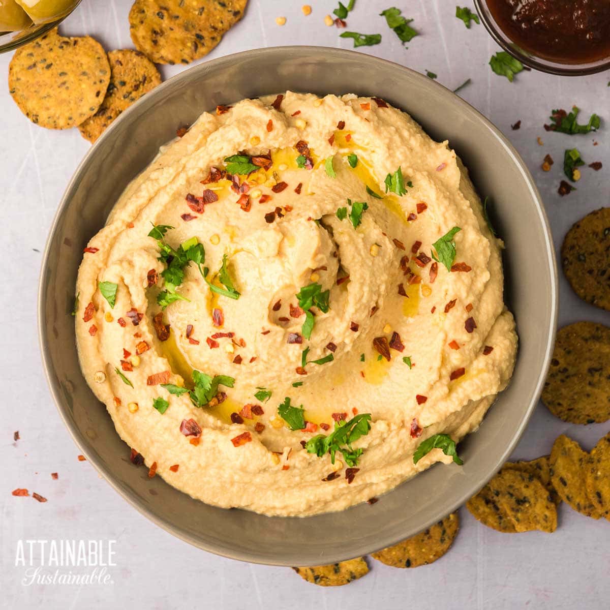 bowl of spicy hummus from above.