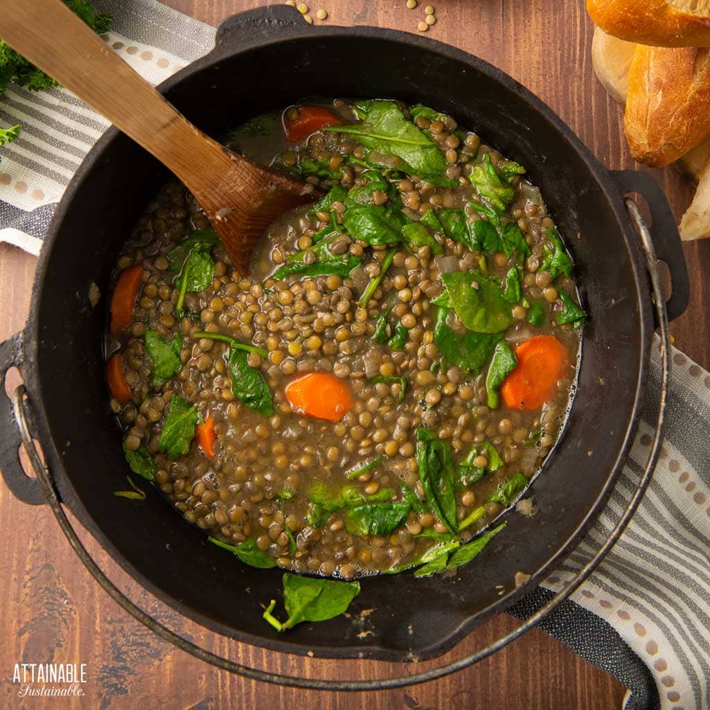 lentil soup in a cast iron Dutch oven, from above.