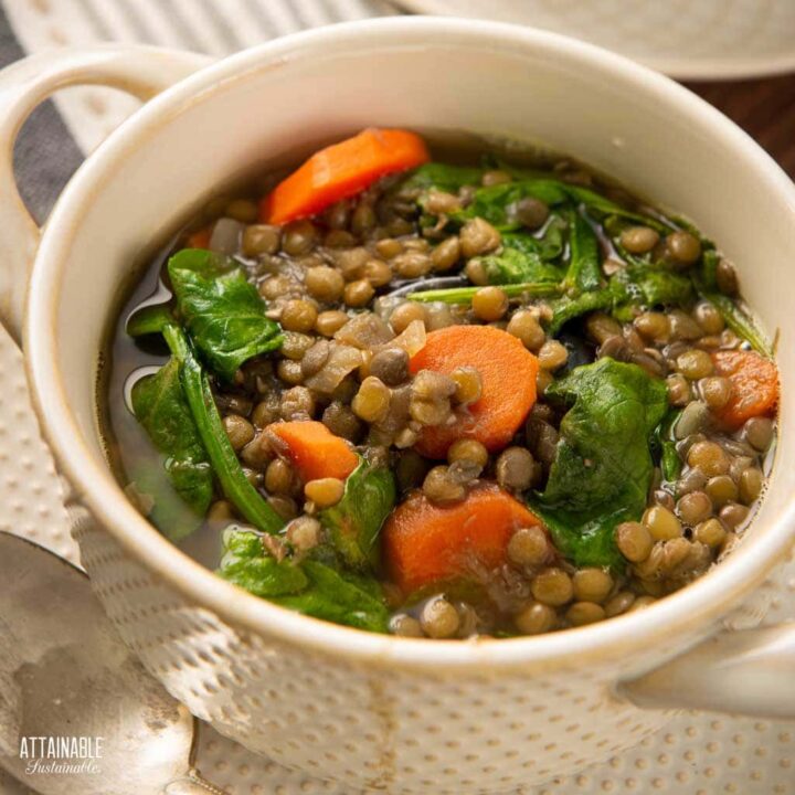vegan lentil soup in a white bowl.