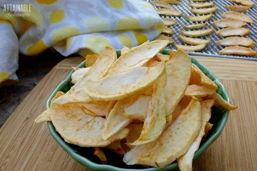 dried apple slices in a green bowl