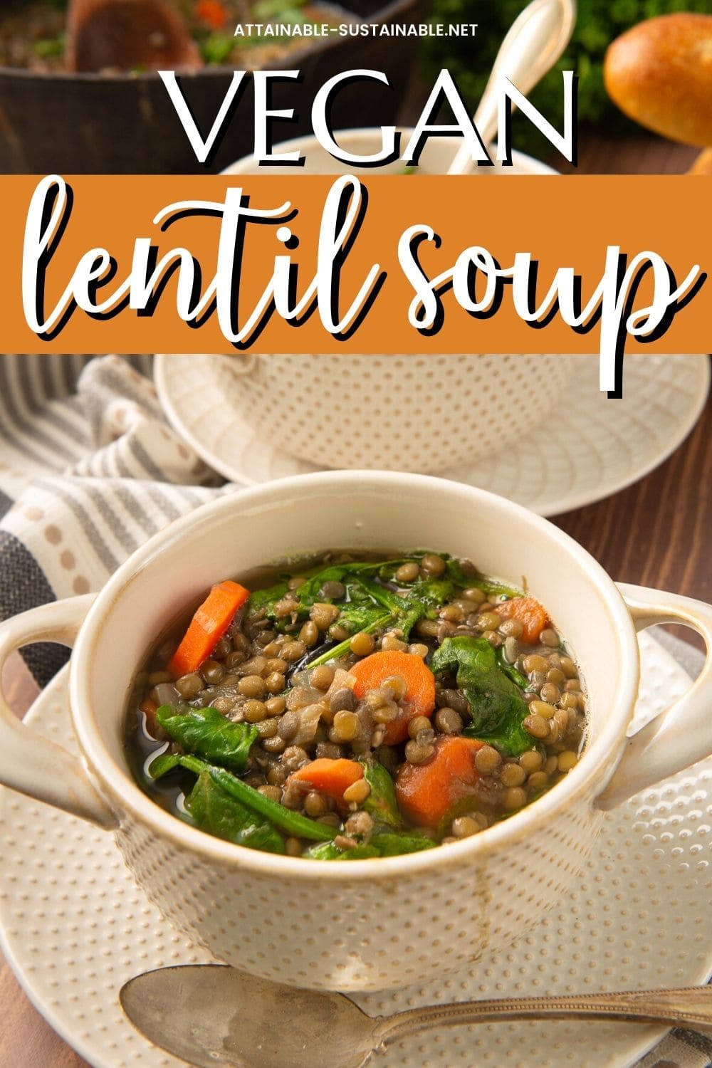 vegan lentil soup in a white bowl.