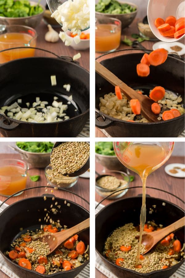 process of making lentil soup, including sauteing onions, adding carrots, adding dry lentils, adding broth.