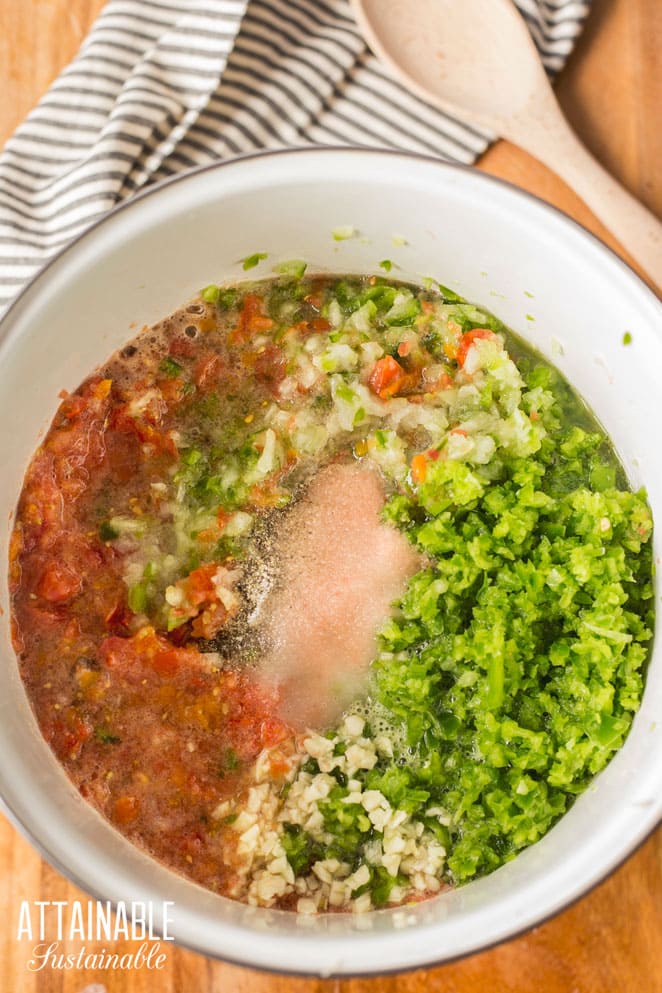 ingredients in a stock pot with tomatoes, peppers, and salt visible