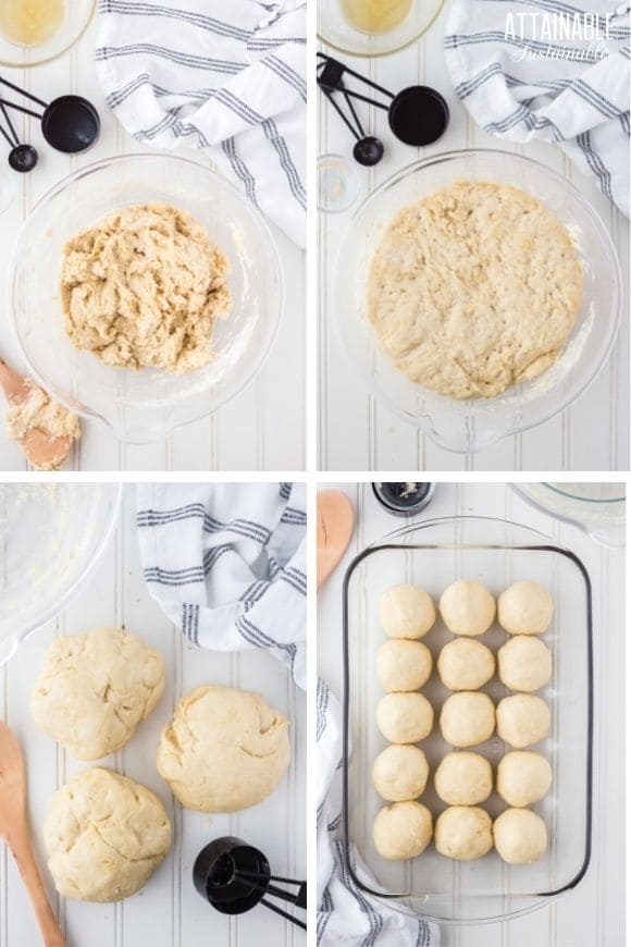 steps to making rolls: shaggy dough, risen dough, formed rolls in pan