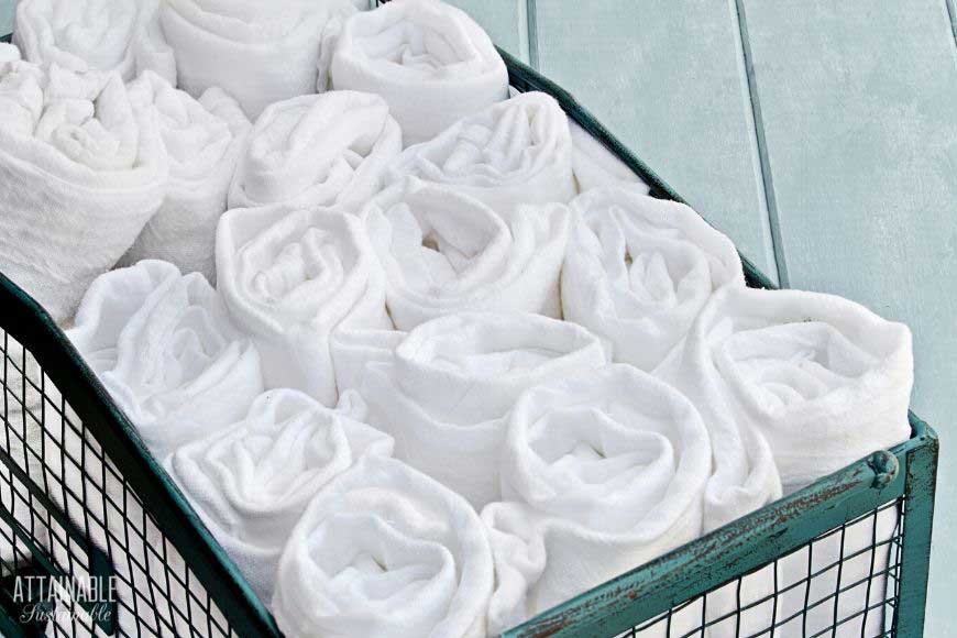 basket of rolled cloths