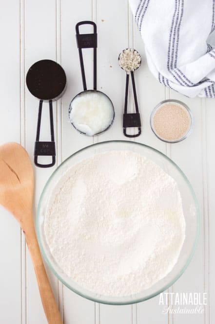 ingredients for making rolls: flour, sugar, yeast, salt