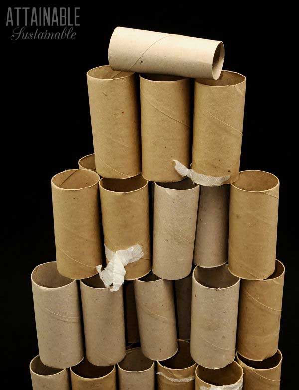 cardboard toilet paper tubes in a pyramid