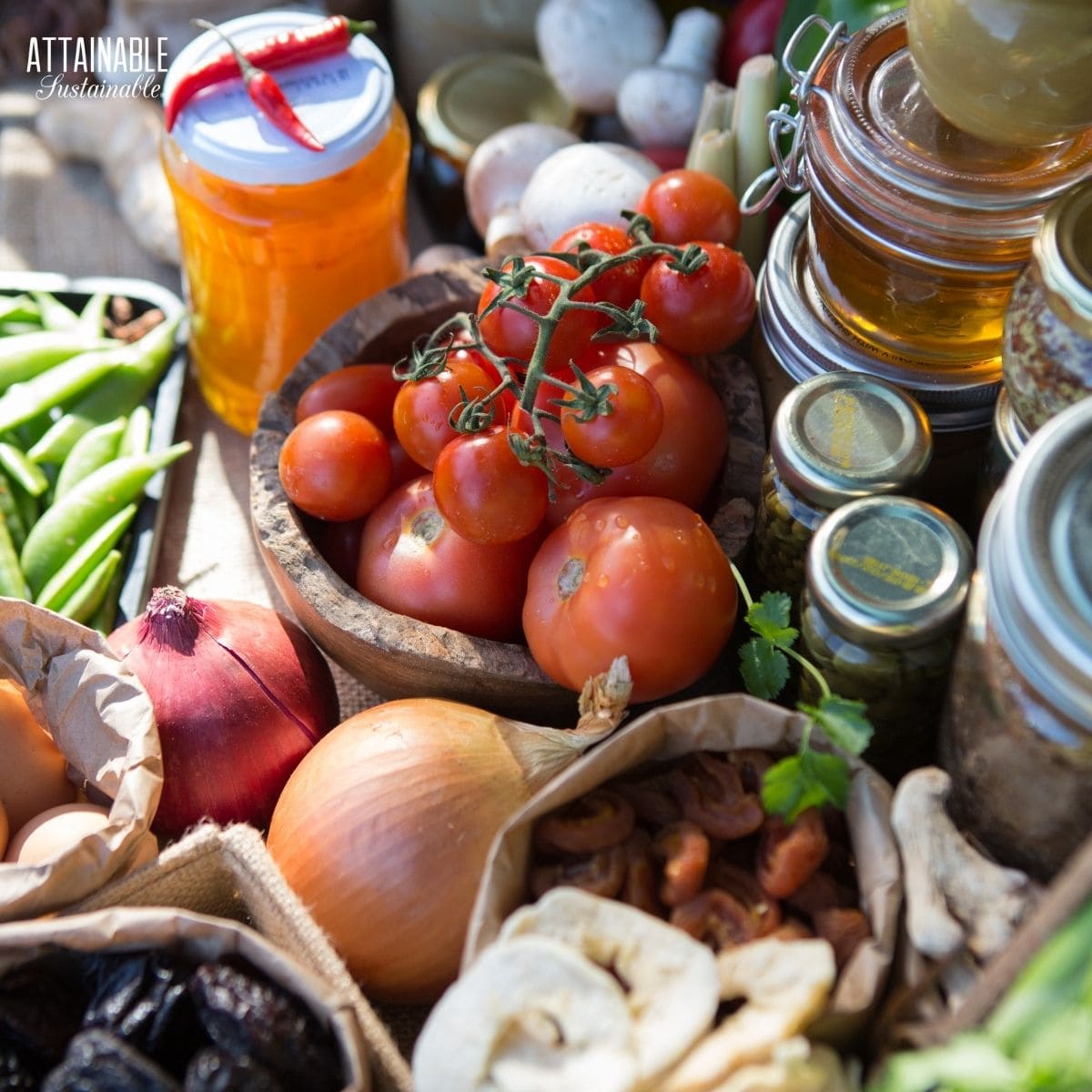 fresh tomatoes at the center of jarred foods and dehydrated foods.