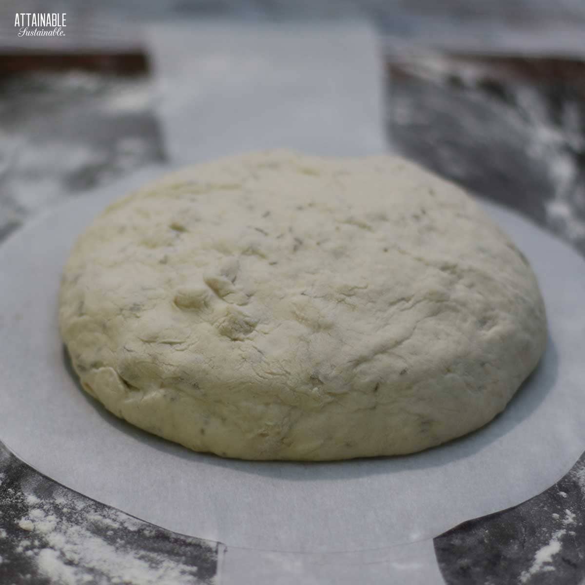 no knead bread dough on parchment paper.