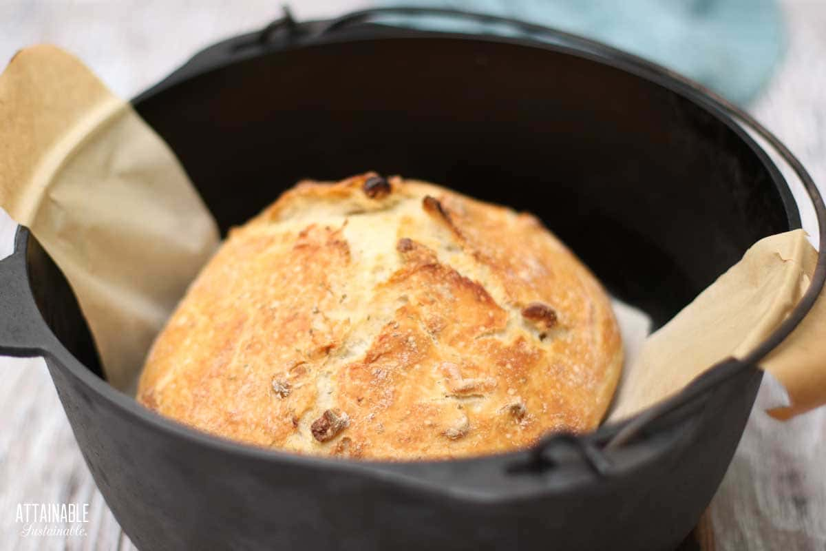 browned bread in a cast iron Dutch oven.