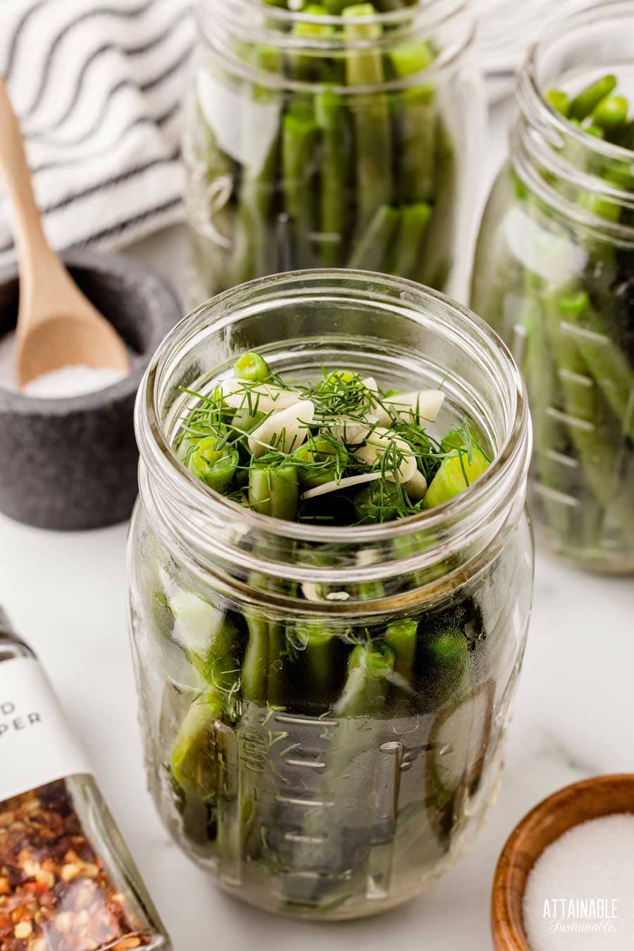 jar with green beans before addition of brine.