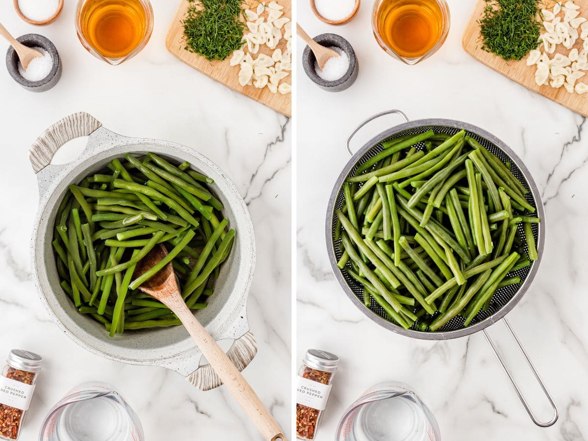 panel showing green beans being boiled, then drained.