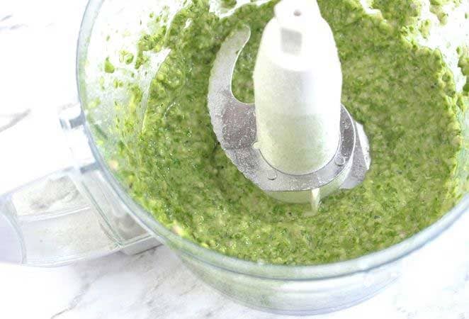 freshly made pesto in a food processor