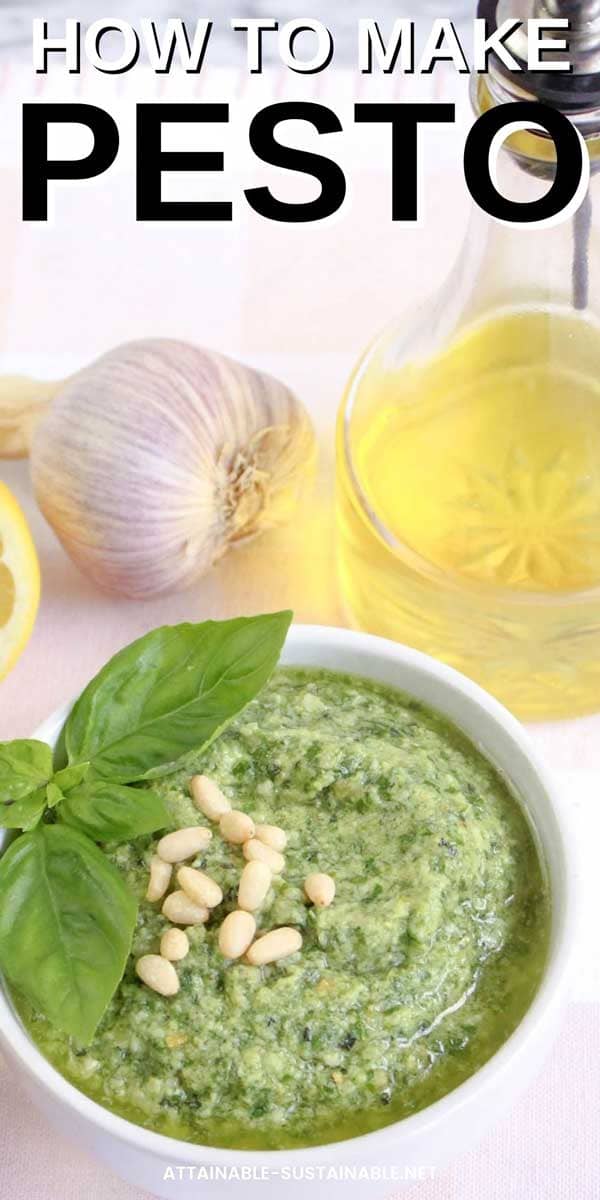 fresh basil pesto in a white dish with basil leaves and pine nuts