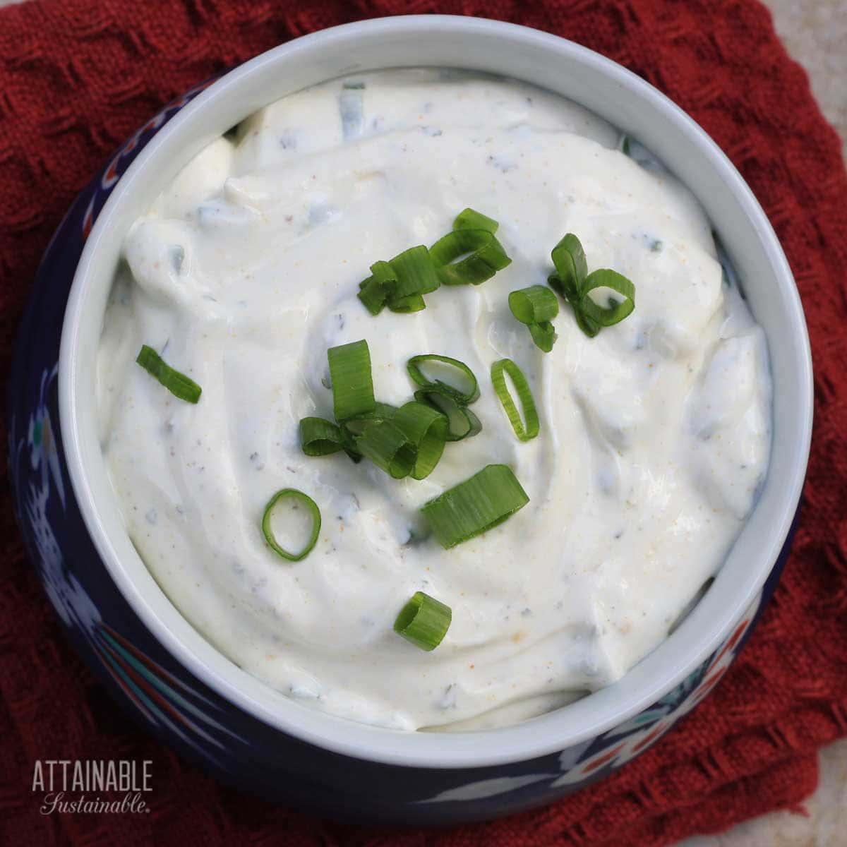 bowl of dip topped with green onions, from above.