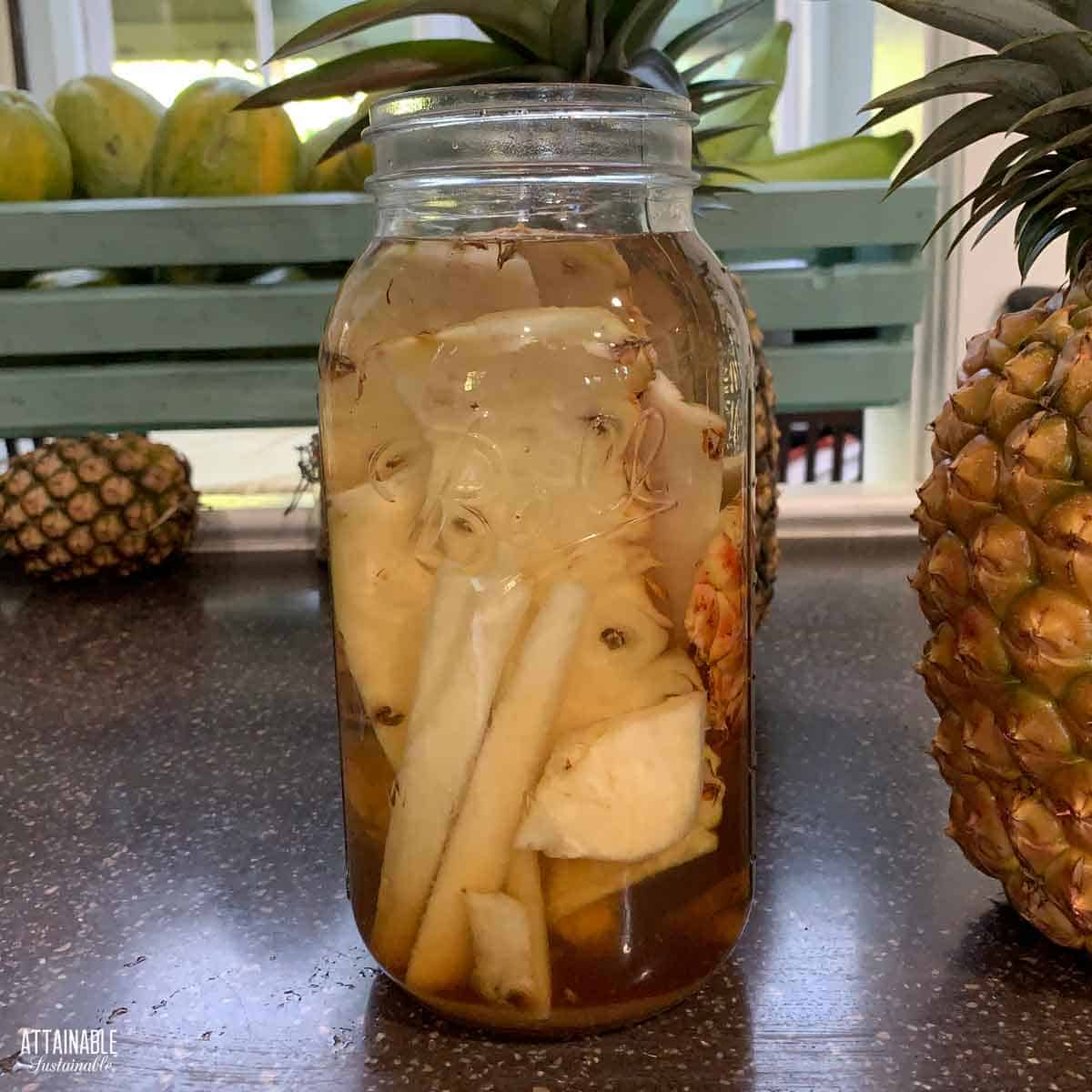 Pineapple skins in a jar with liquid.
