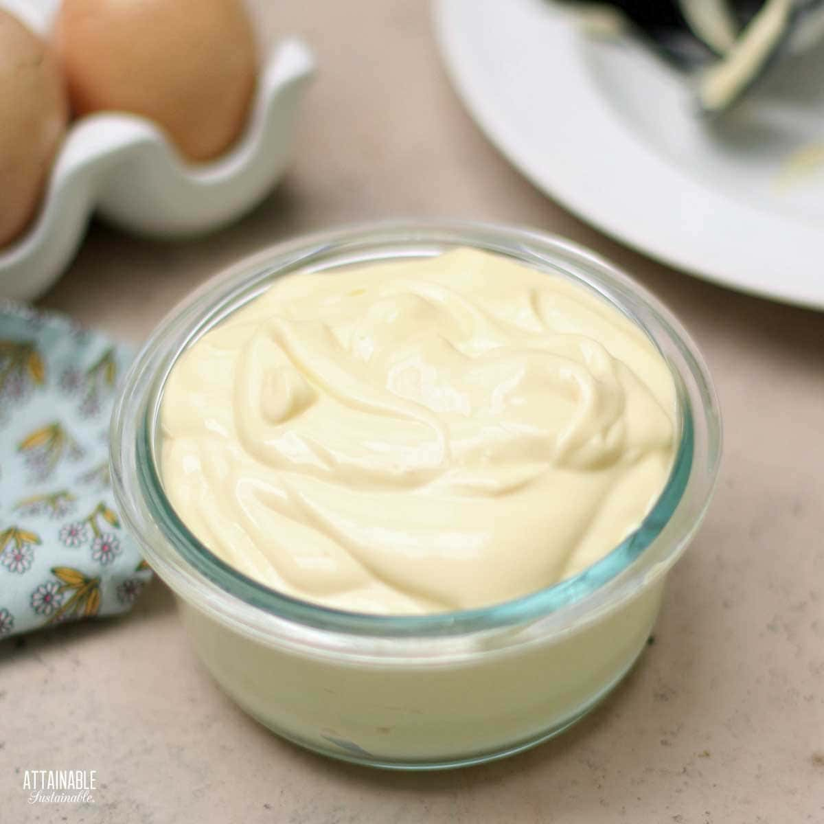 homemade mayonnaise in a glass dish.