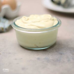 homemade mayonnaise in a glass dish.