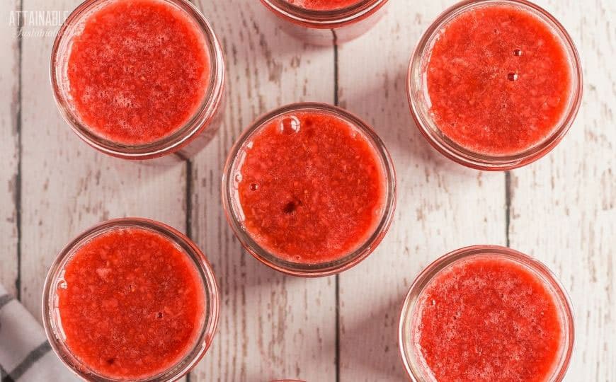 jars of strawberry jam, from above